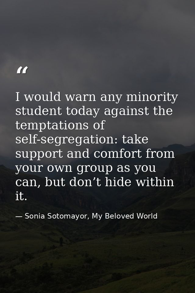 I would warn any minority student today against the temptations of self-segregation: take support and comfort from your  — Sonia Sotomayor, My Beloved World
