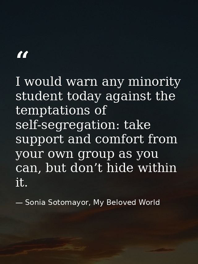 I would warn any minority student today against the temptations of self-segregation: take support and comfort from your  — Sonia Sotomayor, My Beloved World