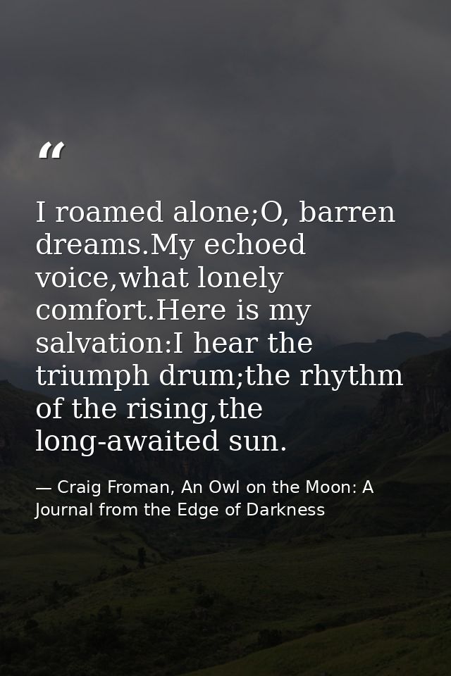 I roamed alone;O, barren dreams.My echoed voice,what lonely comfort.Here is my salvation:I hear the triumph drum;the rhy — Craig Froman, An Owl on the Moon: A Journal from the Edge of Darkness