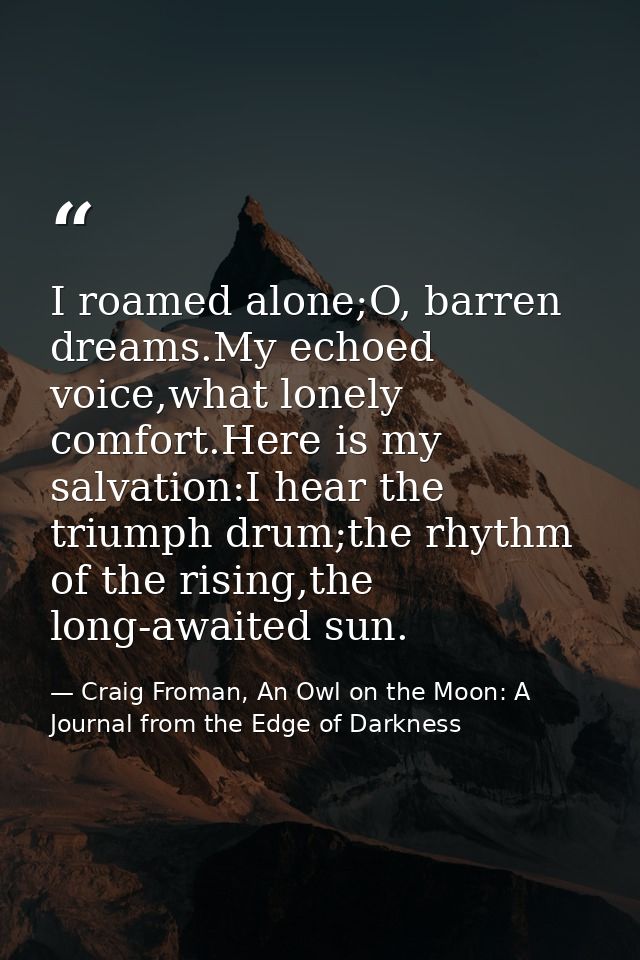 I roamed alone;O, barren dreams.My echoed voice,what lonely comfort.Here is my salvation:I hear the triumph drum;the rhy — Craig Froman, An Owl on the Moon: A Journal from the Edge of Darkness