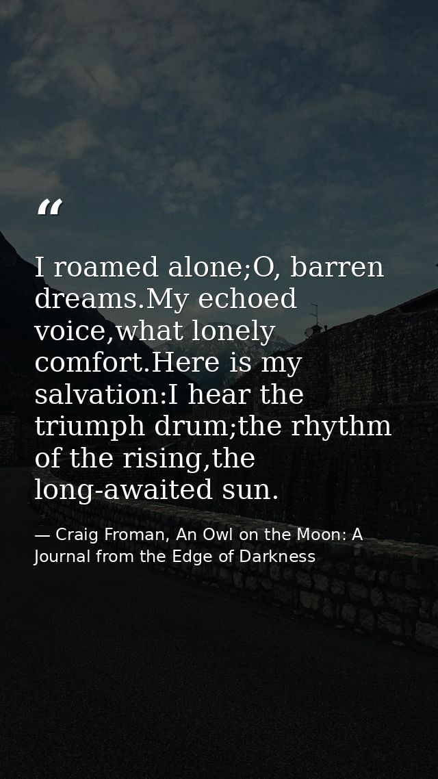 I roamed alone;O, barren dreams.My echoed voice,what lonely comfort.Here is my salvation:I hear the triumph drum;the rhy — Craig Froman, An Owl on the Moon: A Journal from the Edge of Darkness