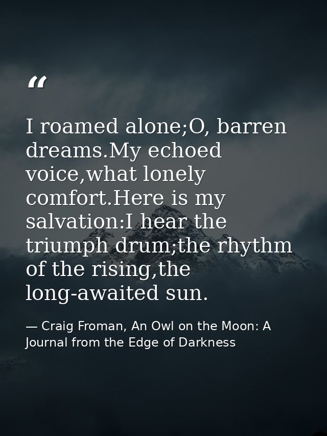 I roamed alone;O, barren dreams.My echoed voice,what lonely comfort.Here is my salvation:I hear the triumph drum;the rhy — Craig Froman, An Owl on the Moon: A Journal from the Edge of Darkness