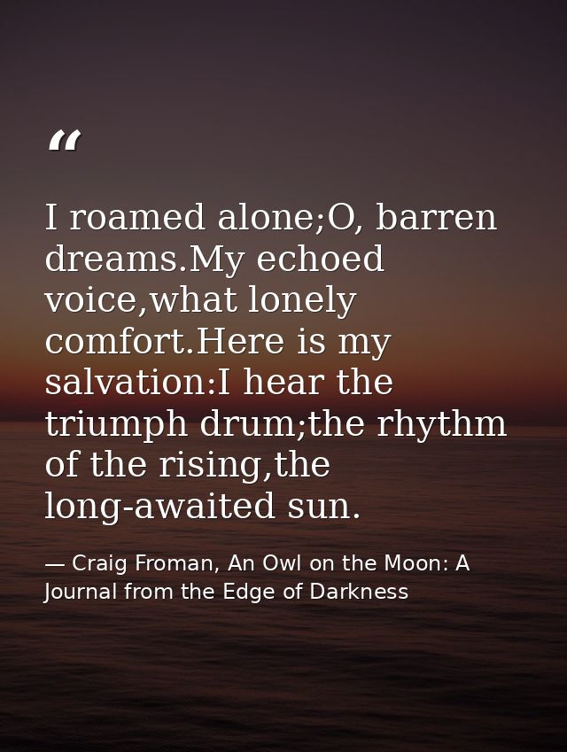 I roamed alone;O, barren dreams.My echoed voice,what lonely comfort.Here is my salvation:I hear the triumph drum;the rhy — Craig Froman, An Owl on the Moon: A Journal from the Edge of Darkness