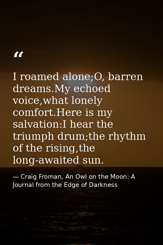 I roamed alone;O, barren dreams.My echoed voice,what lonely comfort.Here is my salvation:I hear the triumph drum;the rhy — Craig Froman, An Owl on the Moon: A Journal from the Edge of Darkness