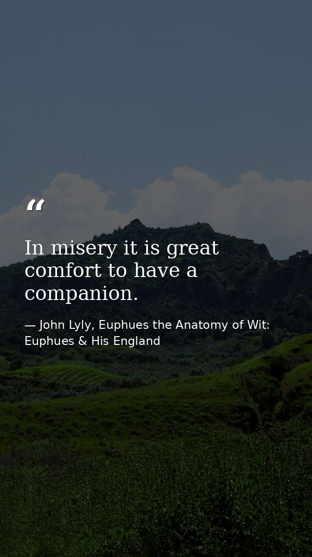 In misery it is great comfort to have a companion. — John Lyly, Euphues the Anatomy of Wit: Euphues & His England