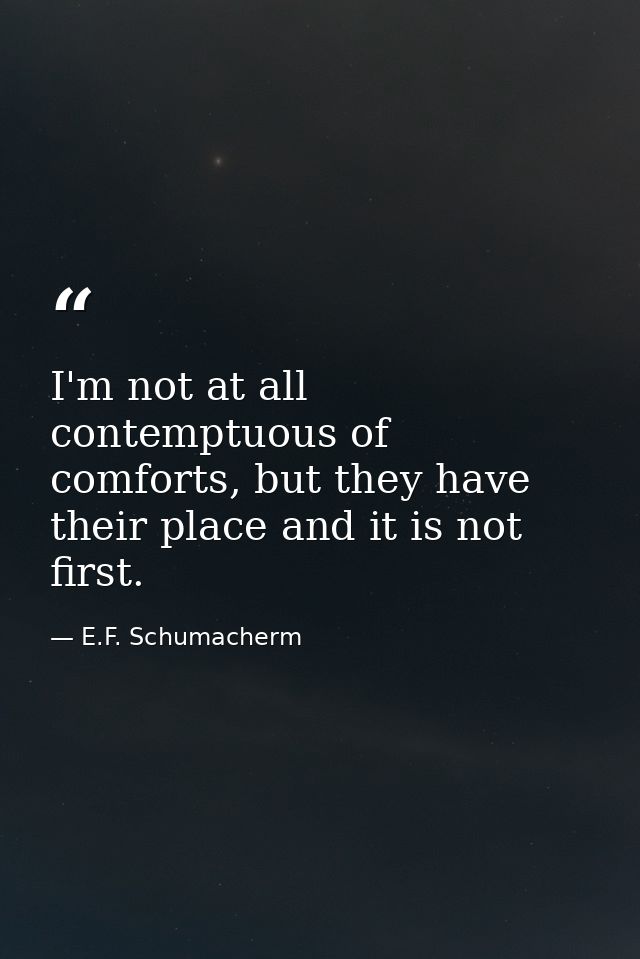 I'm not at all contemptuous of comforts, but they have their place and it is not first. — E.F. Schumacherm