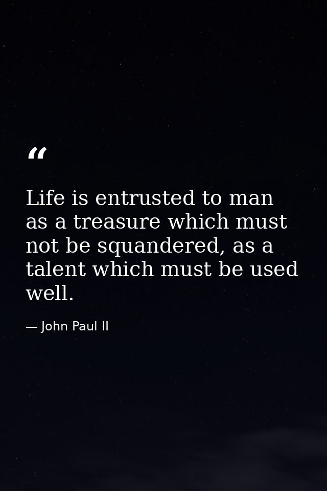 Life is entrusted to man as a treasure which must not be squandered, as a talent which must be used well. — John Paul II