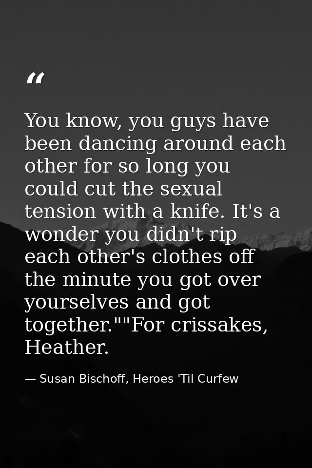 You know, you guys have been dancing around each other for so long you could cut the sexual tension with a knife. It's a — Susan Bischoff, Heroes 'Til Curfew