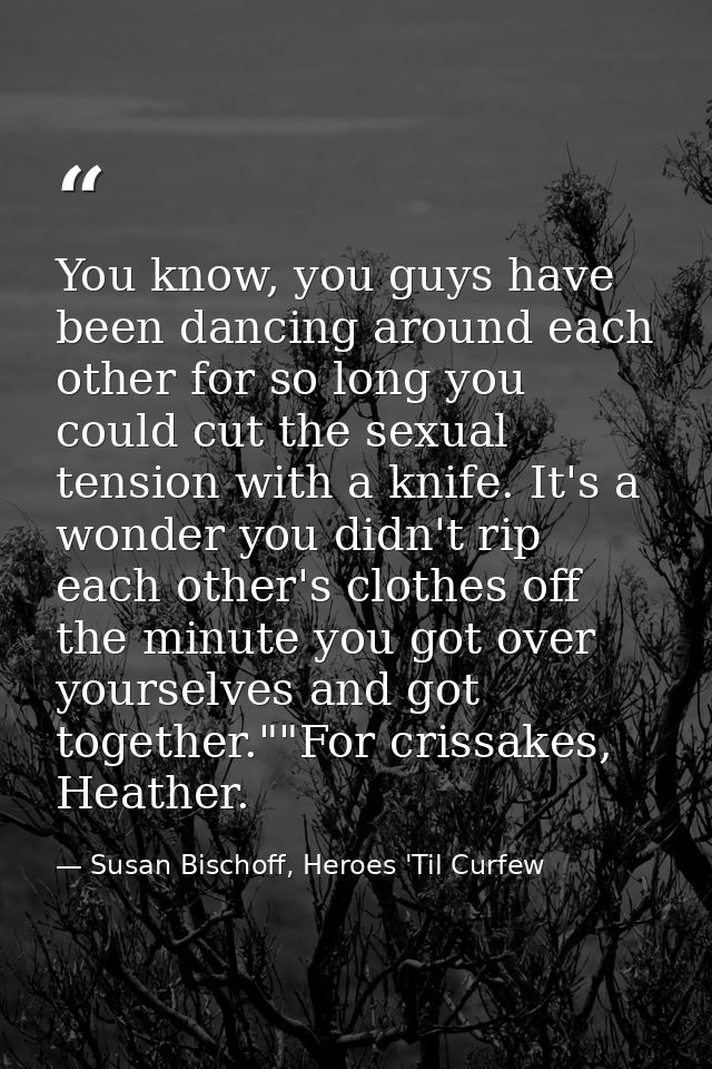 You know, you guys have been dancing around each other for so long you could cut the sexual tension with a knife. It's a — Susan Bischoff, Heroes 'Til Curfew