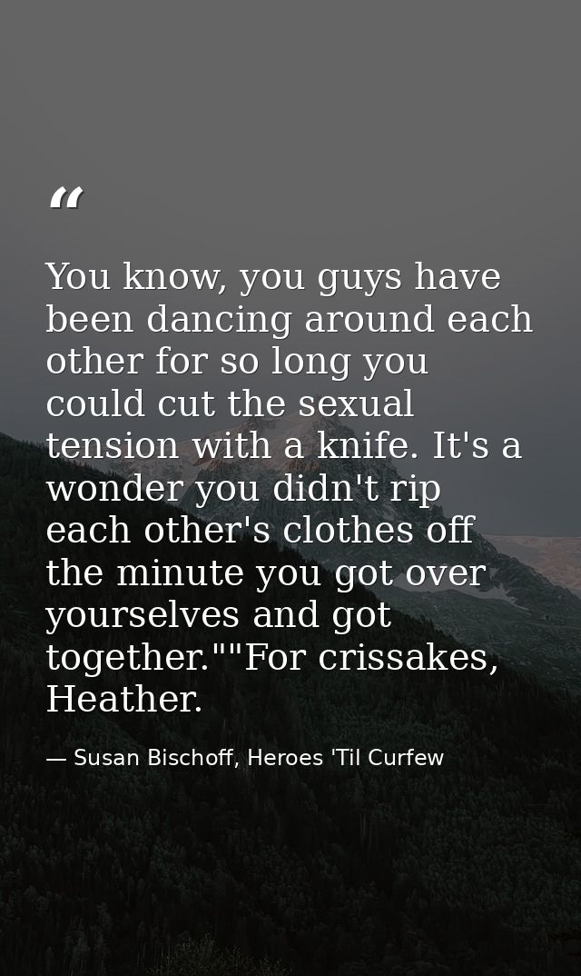 You know, you guys have been dancing around each other for so long you could cut the sexual tension with a knife. It's a — Susan Bischoff, Heroes 'Til Curfew