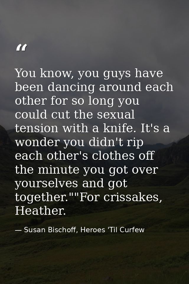 You know, you guys have been dancing around each other for so long you could cut the sexual tension with a knife. It's a — Susan Bischoff, Heroes 'Til Curfew