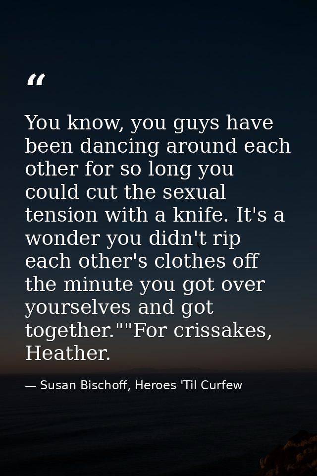 You know, you guys have been dancing around each other for so long you could cut the sexual tension with a knife. It's a — Susan Bischoff, Heroes 'Til Curfew
