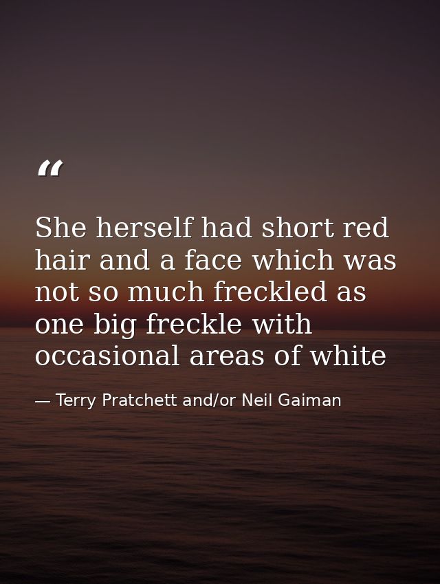 She herself had short red hair and a face which was not so much freckled as one big freckle with occasional areas of whi — Terry Pratchett and/or Neil Gaiman