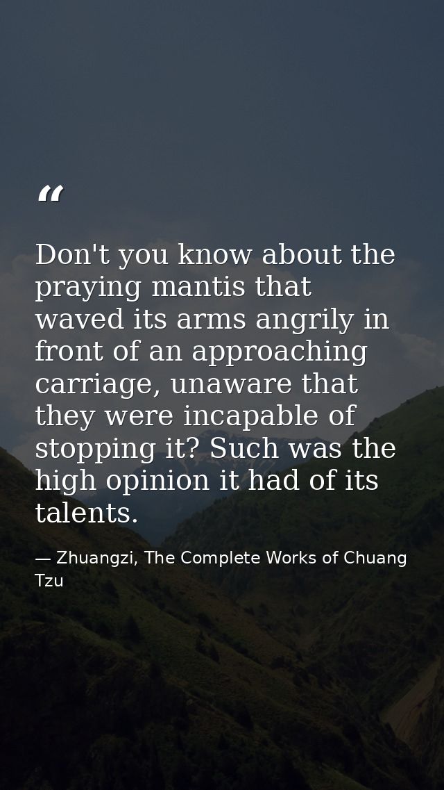 Don't you know about the praying mantis that waved its arms angrily in front of an approaching carriage, unaware that th — Zhuangzi, The Complete Works of Chuang Tzu