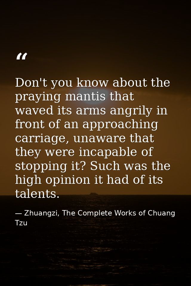 Don't you know about the praying mantis that waved its arms angrily in front of an approaching carriage, unaware that th — Zhuangzi, The Complete Works of Chuang Tzu