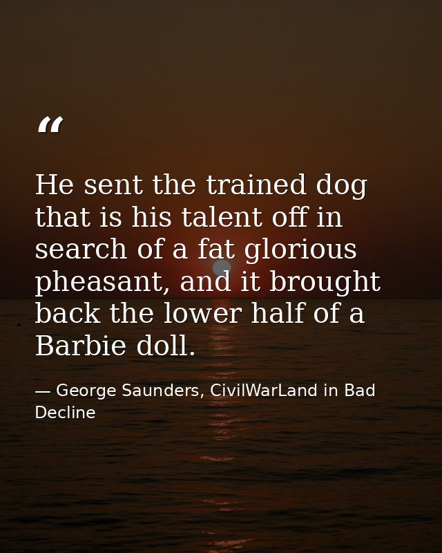 He sent the trained dog that is his talent off in search of a fat glorious pheasant, and it brought back the lower half  — George Saunders, CivilWarLand in Bad Decline