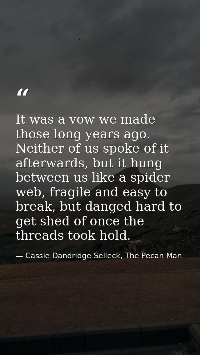 It was a vow we made those long years ago. Neither of us spoke of it afterwards, but it hung between us like a spider we — Cassie Dandridge Selleck, The Pecan Man