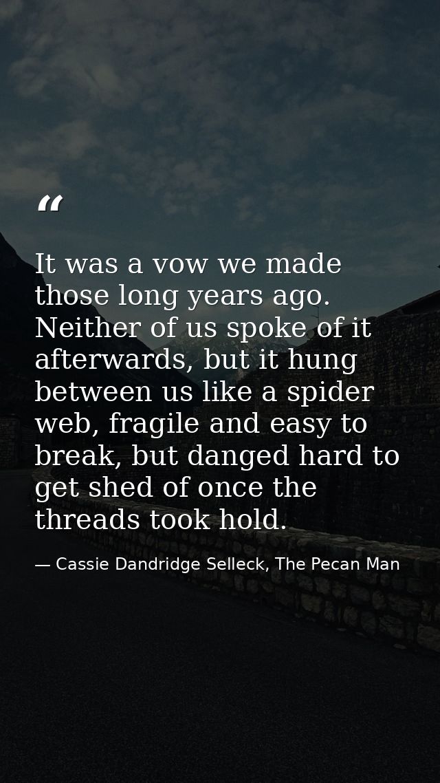 It was a vow we made those long years ago. Neither of us spoke of it afterwards, but it hung between us like a spider we — Cassie Dandridge Selleck, The Pecan Man
