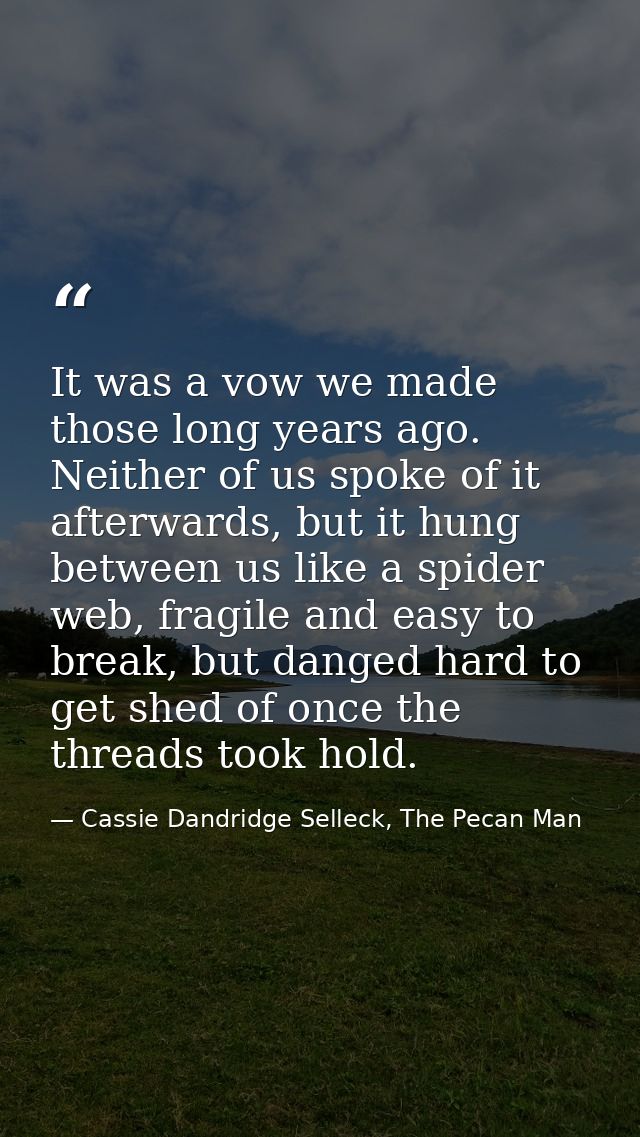It was a vow we made those long years ago. Neither of us spoke of it afterwards, but it hung between us like a spider we — Cassie Dandridge Selleck, The Pecan Man