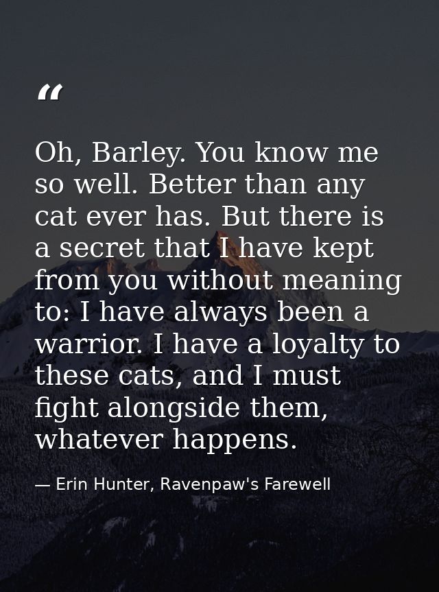 Oh, Barley. You know me so well. Better than any cat ever has. But there is a secret that I have kept from you without m — Erin Hunter, Ravenpaw's Farewell