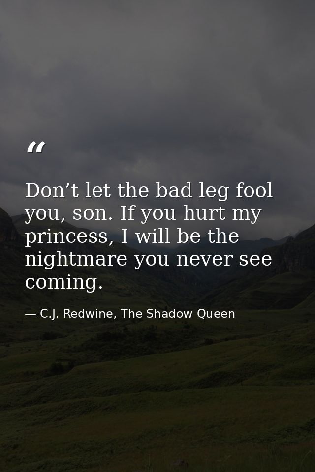 Don’t let the bad leg fool you, son. If you hurt my princess, I will be the nightmare you never see coming. — C.J. Redwine, The Shadow Queen