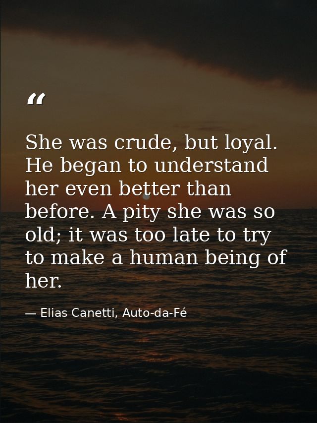 She was crude, but loyal. He began to understand her even better than before. A pity she was so old; it was too late to  — Elias Canetti, Auto-da-Fé