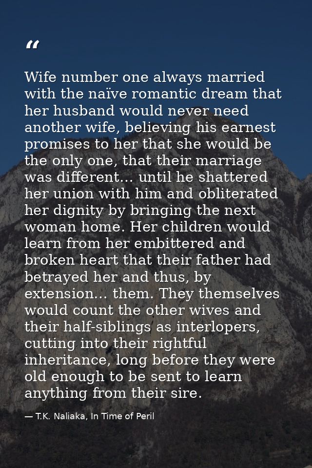 Wife number one always married with the naïve romantic dream that her husband would never need another wife, believing h — T.K. Naliaka, In Time of Peril