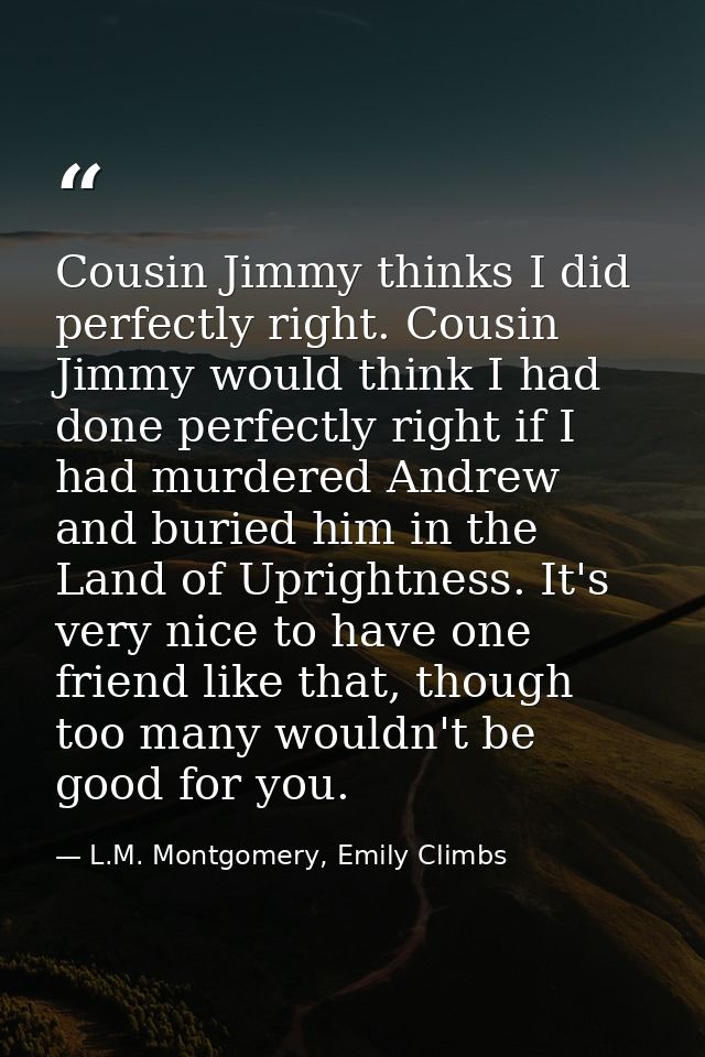 Cousin Jimmy thinks I did perfectly right. Cousin Jimmy would think I had done perfectly right if I had murdered Andrew  — L.M. Montgomery, Emily Climbs