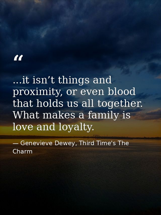 ...it isn’t things and proximity, or even blood that holds us all together. What makes a family is love and loyalty. — Genevieve Dewey, Third Time's The Charm