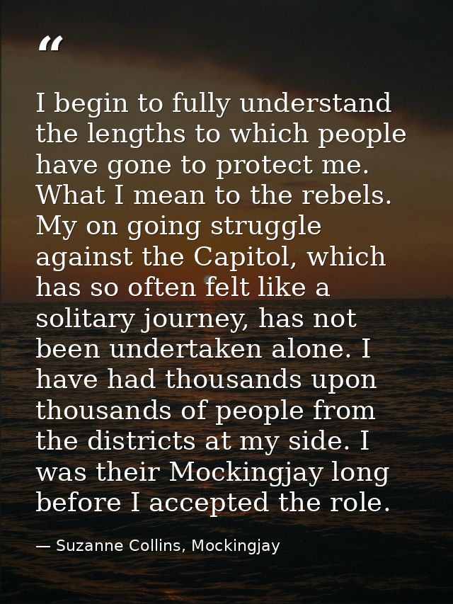 I begin to fully understand the lengths to which people have gone to protect me. What I mean to the rebels. My on going  — Suzanne Collins, Mockingjay