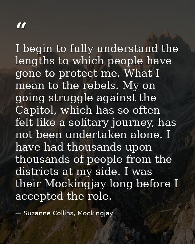 I begin to fully understand the lengths to which people have gone to protect me. What I mean to the rebels. My on going  — Suzanne Collins, Mockingjay