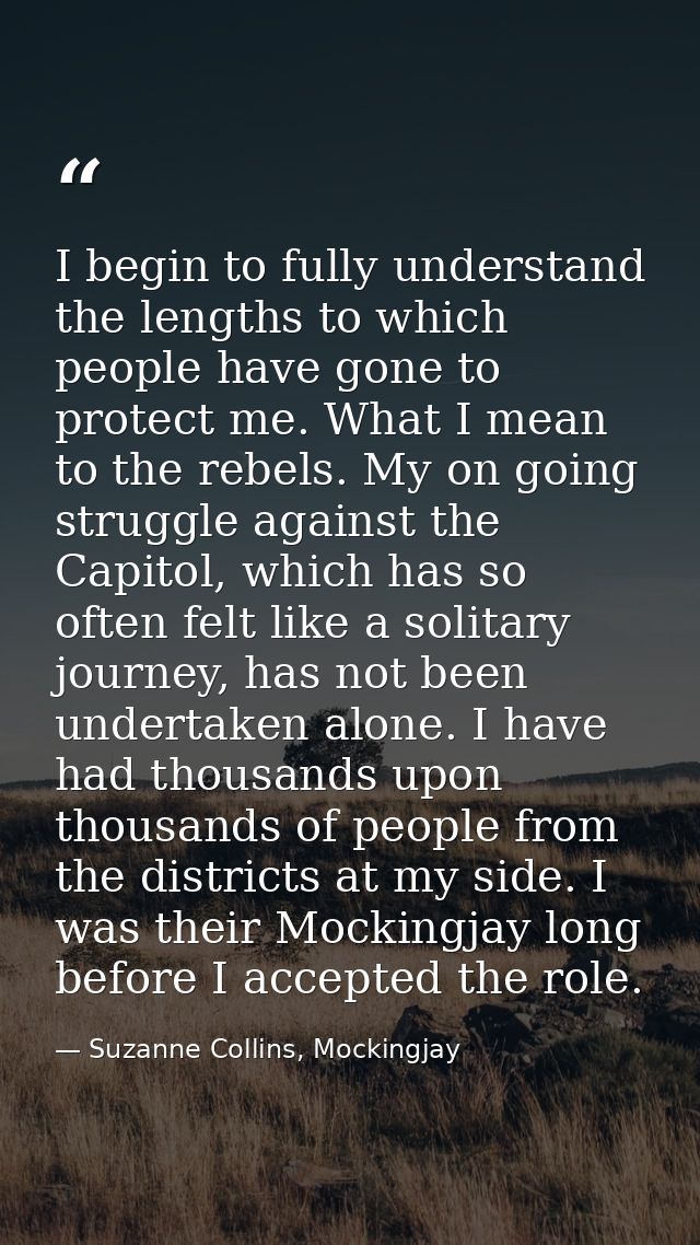 I begin to fully understand the lengths to which people have gone to protect me. What I mean to the rebels. My on going  — Suzanne Collins, Mockingjay