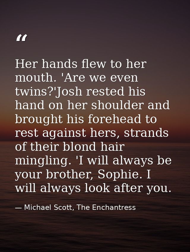 Her hands flew to her mouth. 'Are we even twins?'Josh rested his hand on her shoulder and brought his forehead to rest a — Michael Scott, The Enchantress