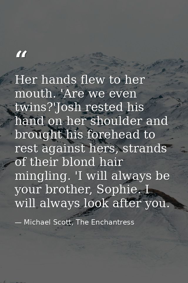 Her hands flew to her mouth. 'Are we even twins?'Josh rested his hand on her shoulder and brought his forehead to rest a — Michael Scott, The Enchantress