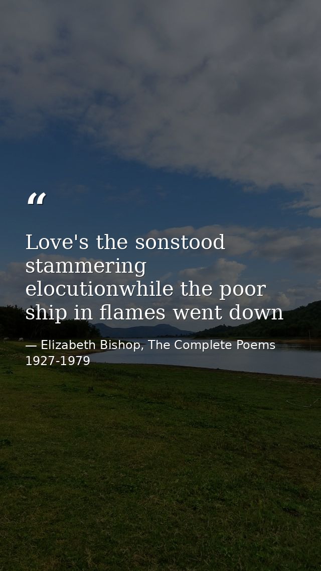 Love's the sonstood stammering elocutionwhile the poor ship in flames went down — Elizabeth Bishop, The Complete Poems 1927-1979