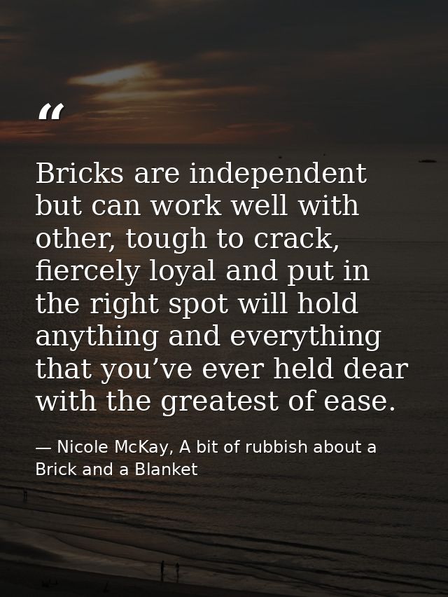 Bricks are independent but can work well with other, tough to crack, fiercely loyal and put in the right spot will hold  — Nicole McKay, A bit of rubbish about a Brick and a Blanket