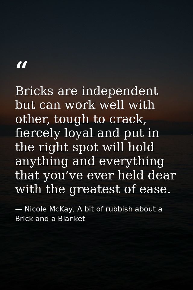 Bricks are independent but can work well with other, tough to crack, fiercely loyal and put in the right spot will hold  — Nicole McKay, A bit of rubbish about a Brick and a Blanket