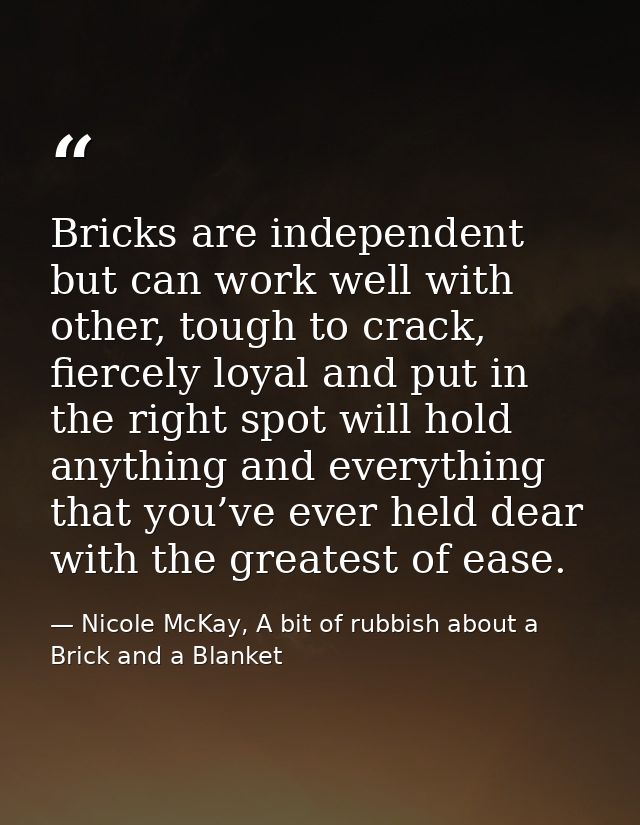 Bricks are independent but can work well with other, tough to crack, fiercely loyal and put in the right spot will hold  — Nicole McKay, A bit of rubbish about a Brick and a Blanket