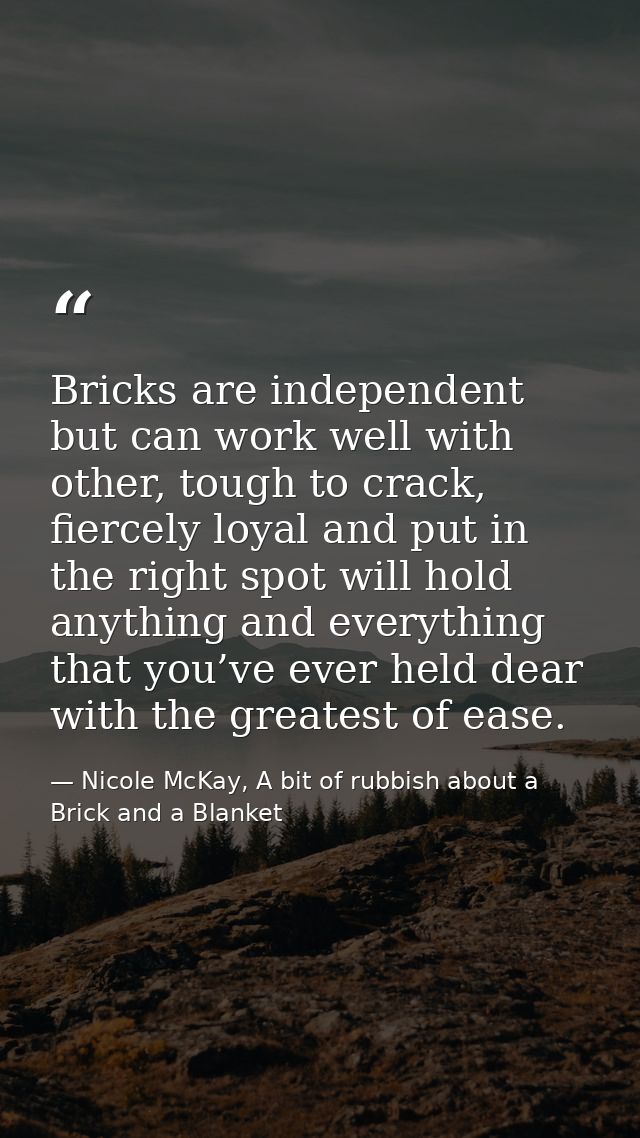 Bricks are independent but can work well with other, tough to crack, fiercely loyal and put in the right spot will hold  — Nicole McKay, A bit of rubbish about a Brick and a Blanket