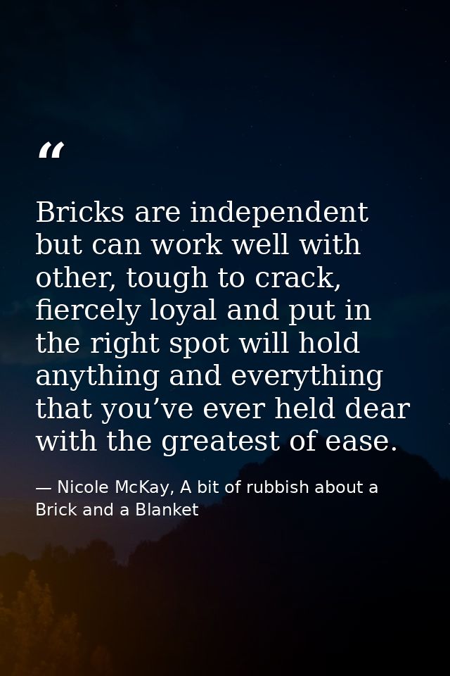 Bricks are independent but can work well with other, tough to crack, fiercely loyal and put in the right spot will hold  — Nicole McKay, A bit of rubbish about a Brick and a Blanket