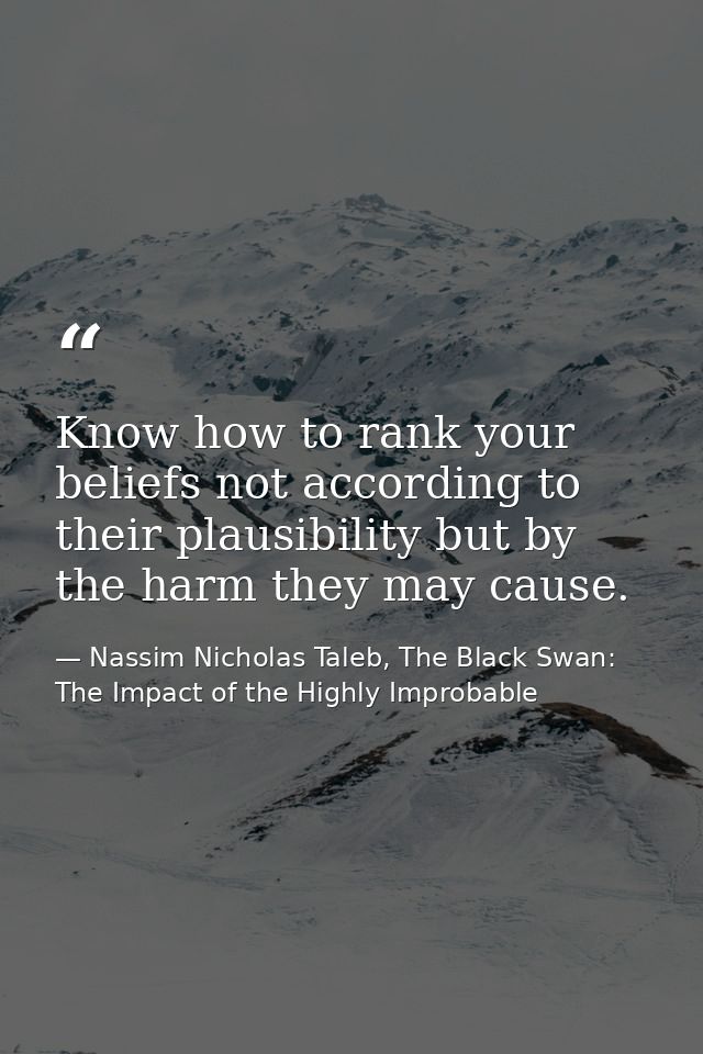 Know how to rank your beliefs not according to their plausibility but by the harm they may cause. — Nassim Nicholas Taleb, The Black Swan: The Impact of the Highly Improbable