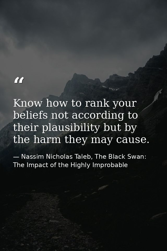 Know how to rank your beliefs not according to their plausibility but by the harm they may cause. — Nassim Nicholas Taleb, The Black Swan: The Impact of the Highly Improbable