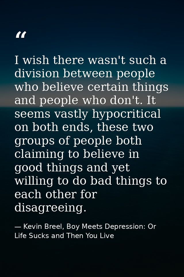 I wish there wasn't such a division between people who believe certain things and people who don't. It seems vastly hypo — Kevin Breel, Boy Meets Depression: Or Life Sucks and Then You Live