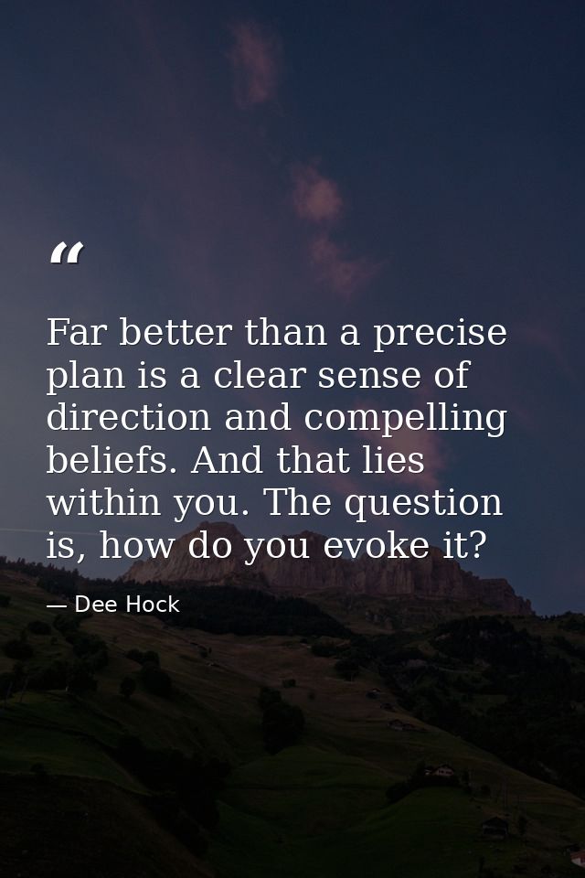 Far better than a precise plan is a clear sense of direction and compelling beliefs. And that lies within you. The quest — Dee Hock