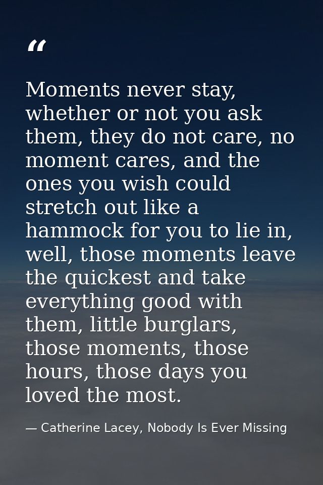 Moments never stay, whether or not you ask them, they do not care, no moment cares, and the ones you wish could stretch  — Catherine Lacey, Nobody Is Ever Missing