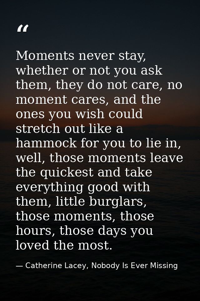 Moments never stay, whether or not you ask them, they do not care, no moment cares, and the ones you wish could stretch  — Catherine Lacey, Nobody Is Ever Missing