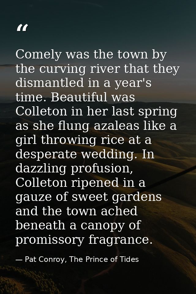 Comely was the town by the curving river that they dismantled in a year's time. Beautiful was Colleton in her last sprin — Pat Conroy, The Prince of Tides