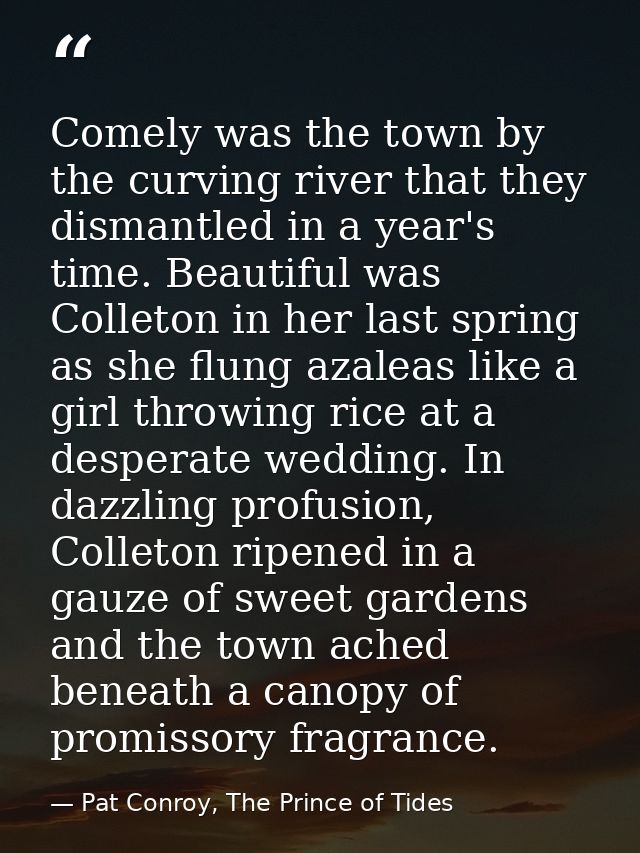 Comely was the town by the curving river that they dismantled in a year's time. Beautiful was Colleton in her last sprin — Pat Conroy, The Prince of Tides