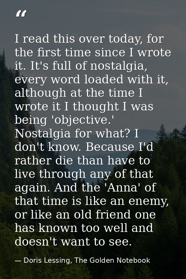 I read this over today, for the first time since I wrote it. It's full of nostalgia, every word loaded with it, although — Doris Lessing, The Golden Notebook