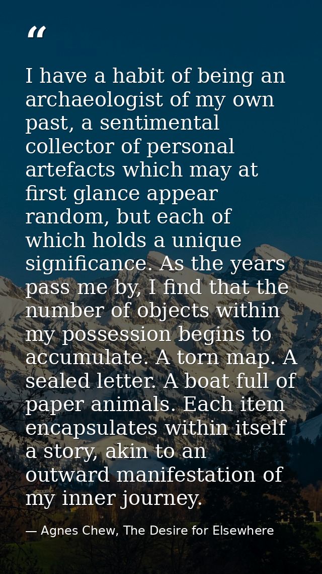 I have a habit of being an archaeologist of my own past, a sentimental collector of personal artefacts which may at firs — Agnes Chew, The Desire for Elsewhere
